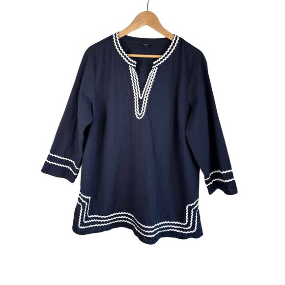Talbots Tops - Talbots Plus Size Navy Textured Tunic Top 1X White Ric Rac Trim Coastal EUC